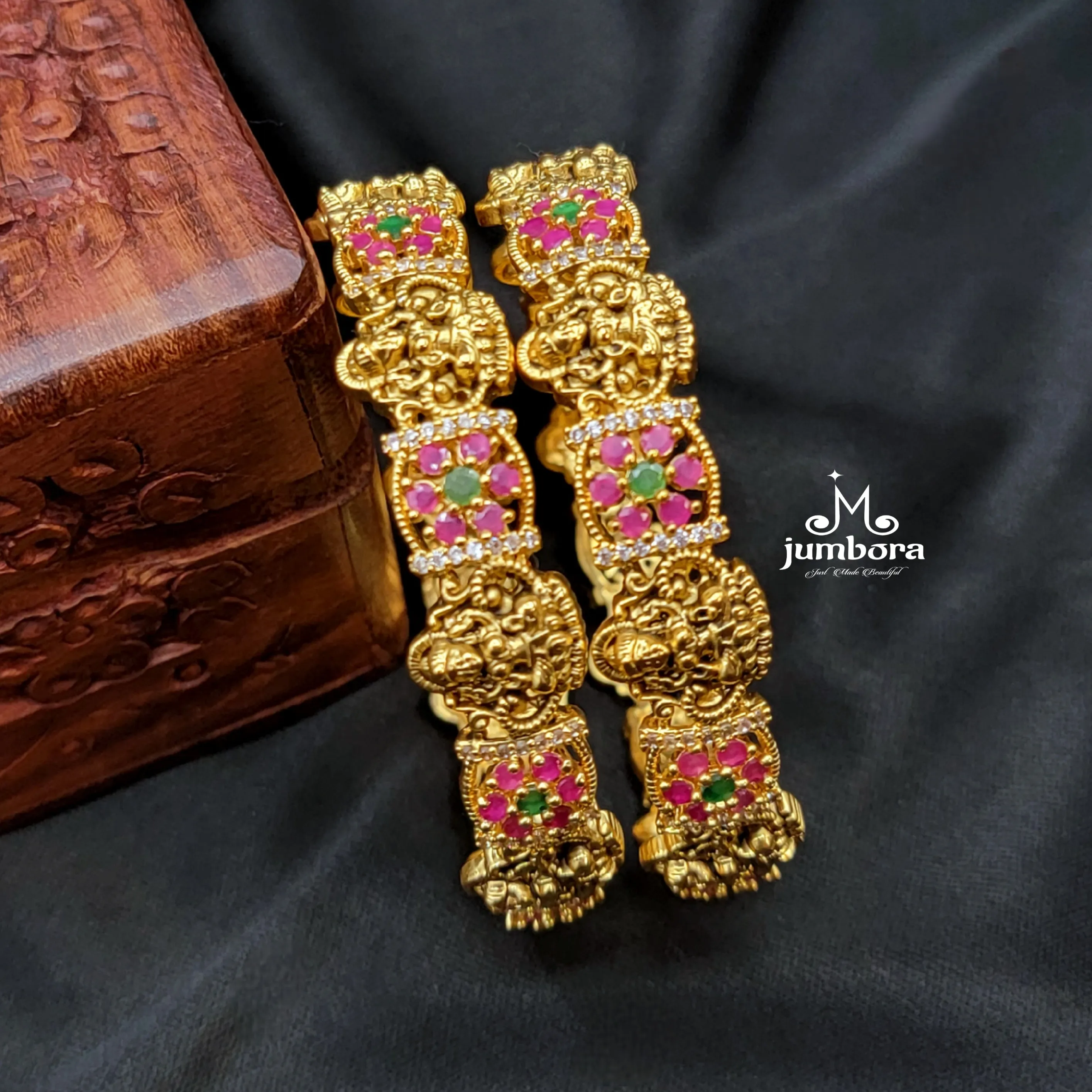 Antique Gold Lakshmi Bangle with Ruby, Green, & White AD Stone