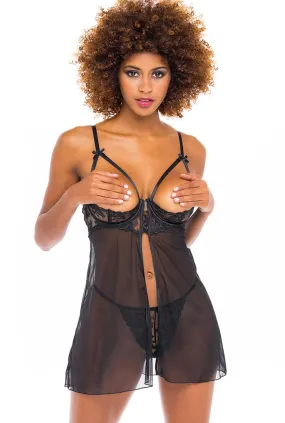 Black Lace Open Cup & Front Babydoll Set