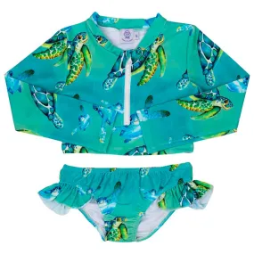 Blue Turtle Girls Long Sleeve Two Piece Zip Swimmers