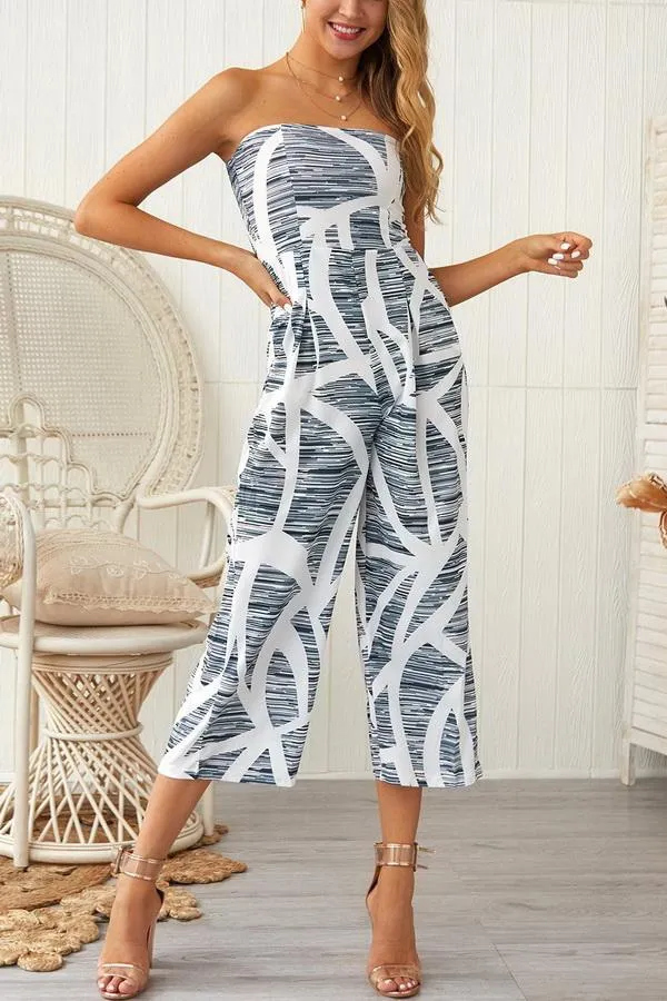 elveswallet Print Strapless Wide-leg Jumpsuit