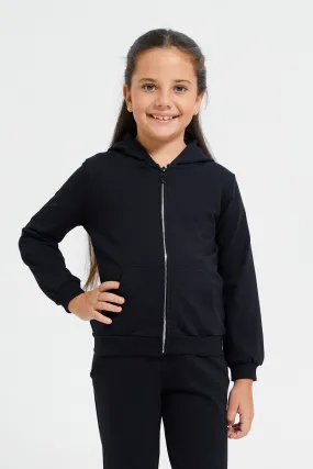 Girls Black Zip Thru Hooded Sweatshirt