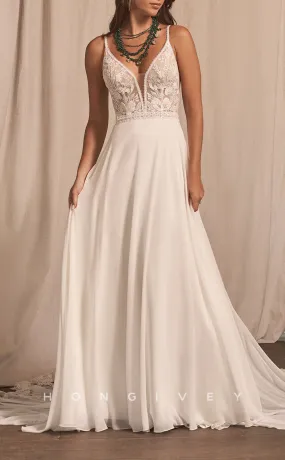 H1108 - Elegant A-Line V-Neck Spaghetti Straps Illusion With Train Wedding Dress