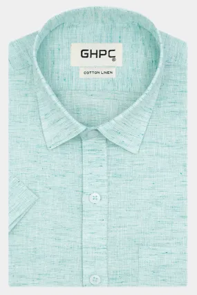 Men's Cotton Linen Plain Solid Half Sleeves Shirt (Green)