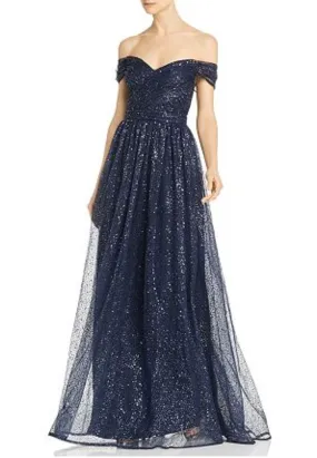 Navy Shimmer Grecian Off Shoulder Gown