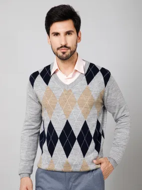 Printed Grey V Neck Full Sleeves Regular Fit Casual Sweater For Mens