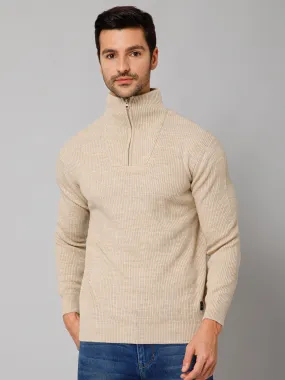 Self Design Beige Full Sleeves High Neck Regular Fit Casual Sweater for Men