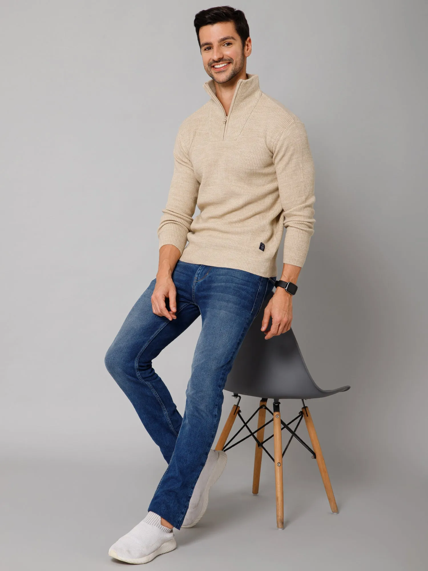 Self Design Beige Full Sleeves High Neck Regular Fit Casual Sweater for Men