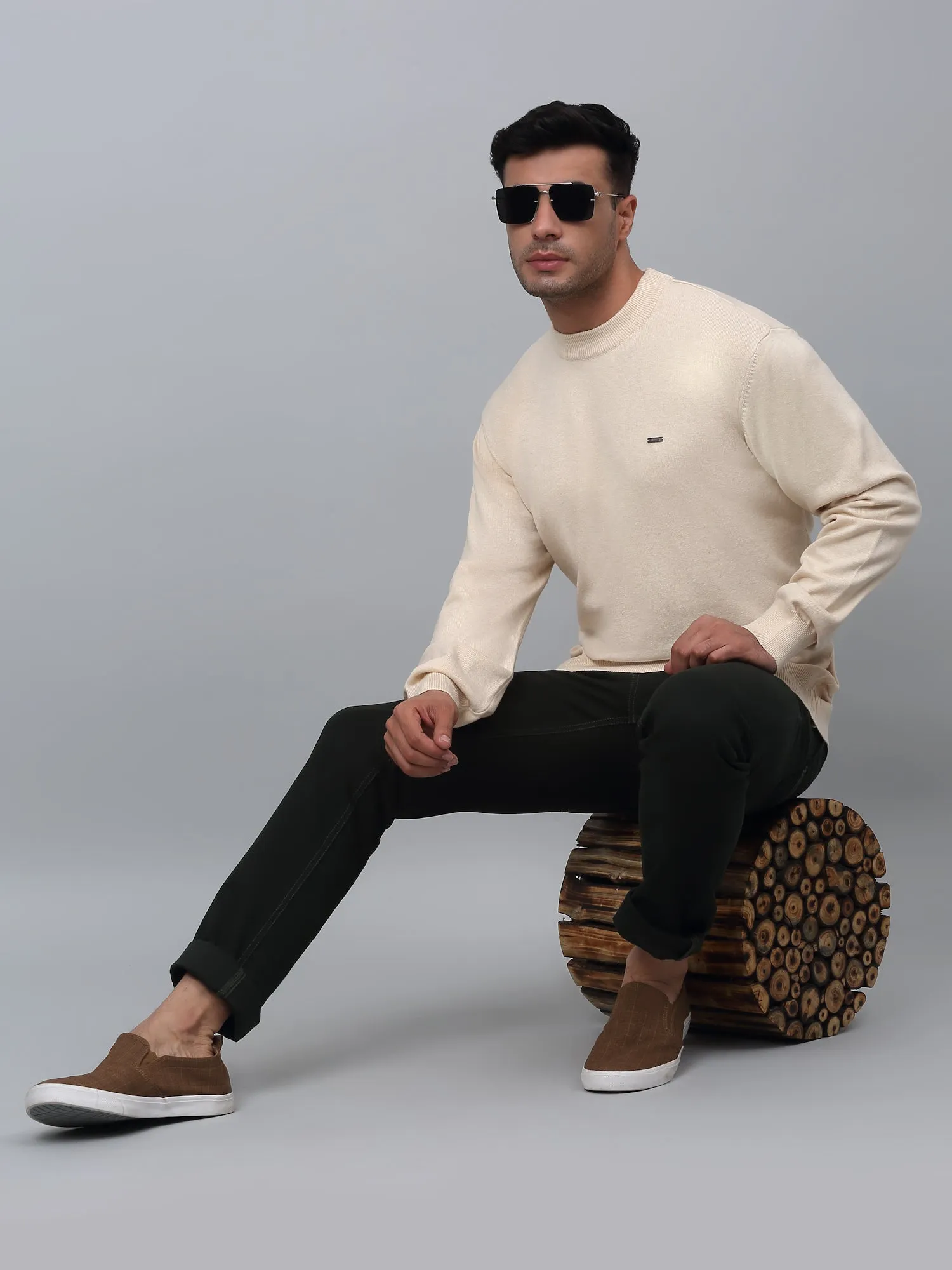 Solid Beige Full Sleeves Round Neck Light Winter Wear Casual Sweater for Men