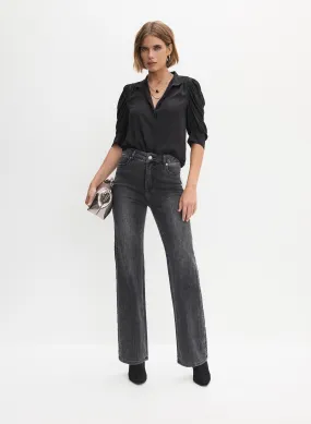 Stand Collar Blouse & Embellished Wide Leg Jeans