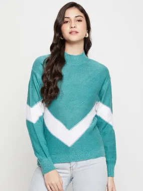 Women's Casual  Aqua High neck Color Block Pullover Sweater